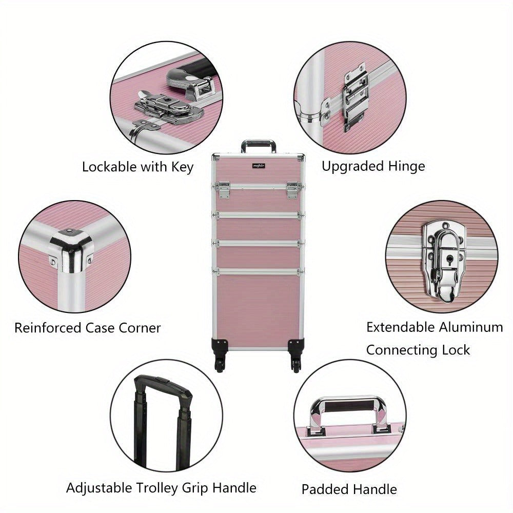 Four-Section Rolling Makeup Train Case with Removable Stack, Telescoping Handle and Four Color Finishes