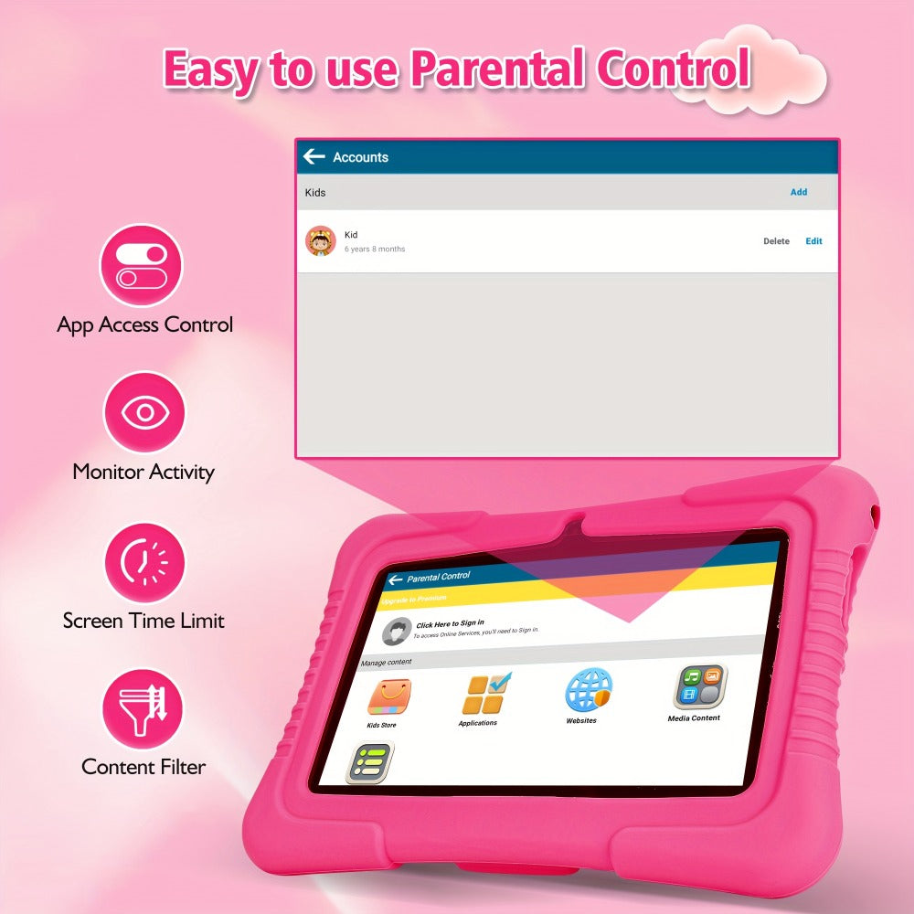 Veidoo 7 Inch Kids Tablet with Drop-Proof Silicone Cover – Eye Protection Screen, WiFi, 2GB RAM 16GB/32GB ROM, Dual Camera, Educational Games, Parental Control, Android Tablet Pink Blue Purple