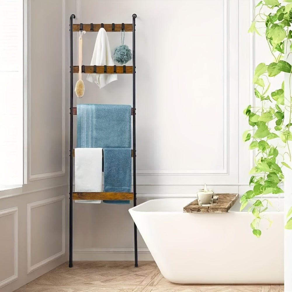 Five-Tier Brown Blanket Ladder with Ten Removable Hooks in One- or Two-Piece Checkout Options