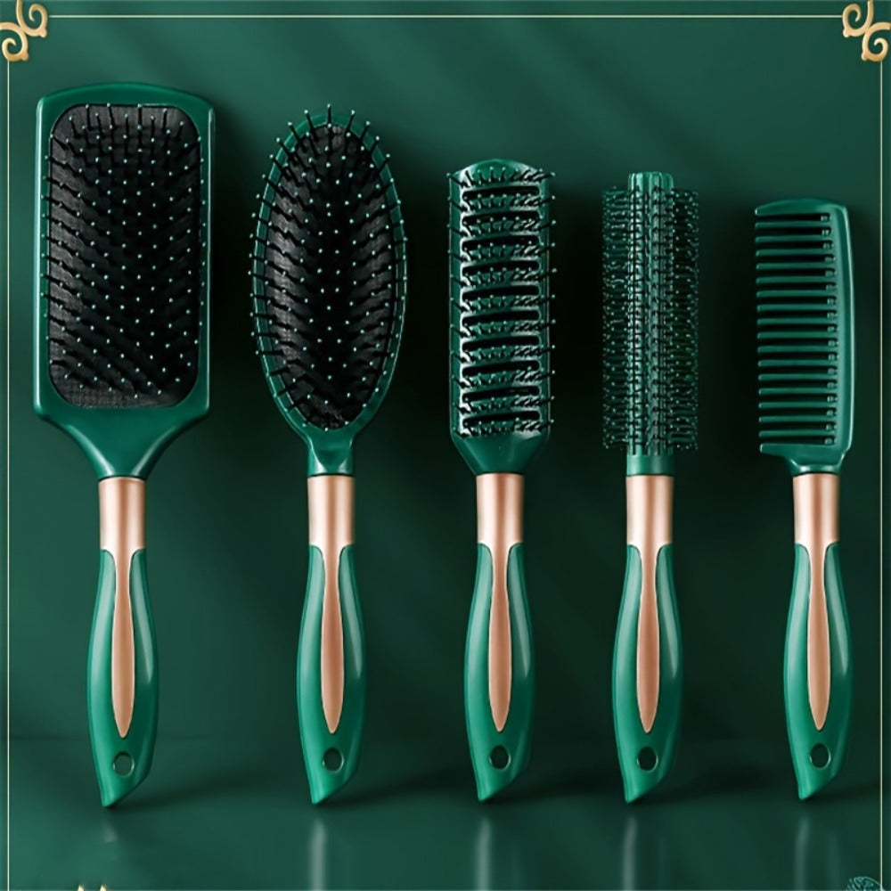 Hair Accessories Five-Piece Green Brush and Comb Set with Cushion Brush, Pick and Styling Tools
