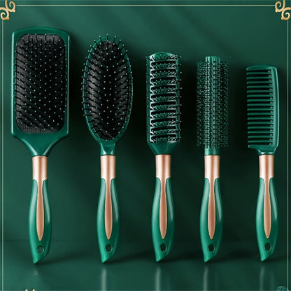 Hair Accessories Five-Piece Green Brush and Comb Set with Cushion Brush, Pick and Styling Tools