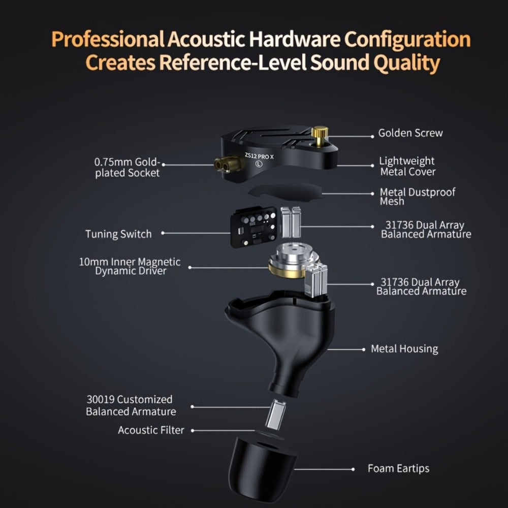 KZ ZS12 PRO X In-Ear Monitor Hybrid IEM Headphones Detachable Cable Noise Cancelling Dynamic Mic Sport Gaming DJ Audio Monitoring Music Production