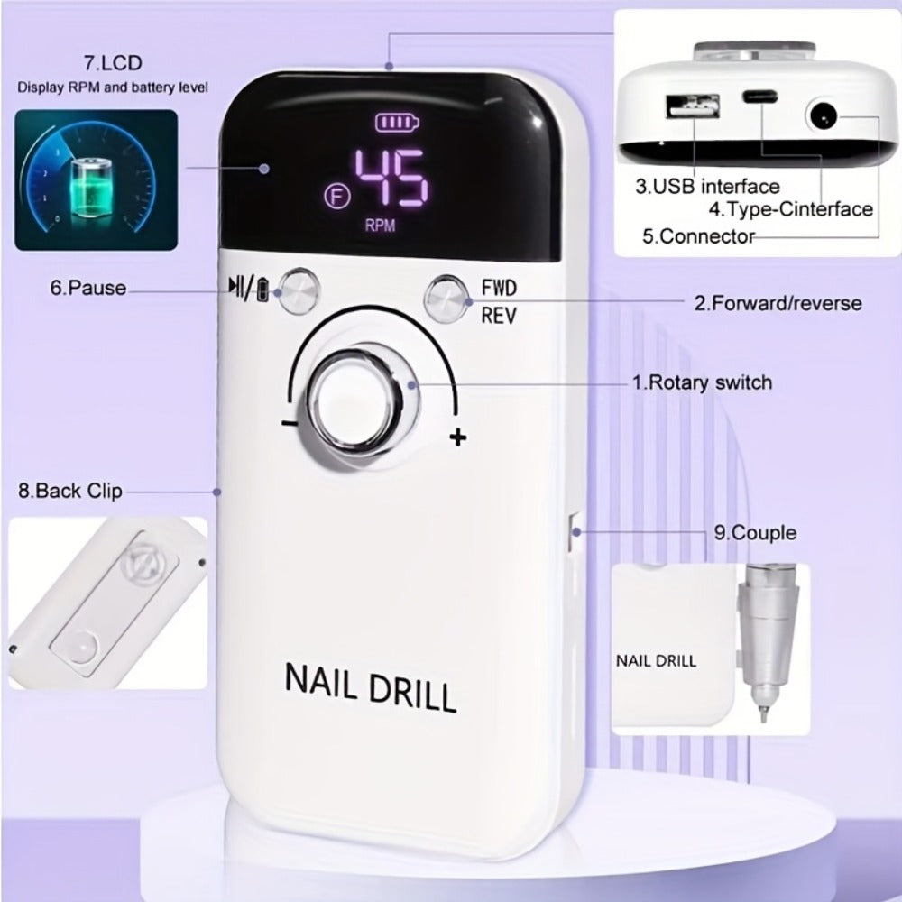 Electric Nail Drill 45000 RPM Rechargeable Kit with Bits, Sanding Bands and Three Model Color Options