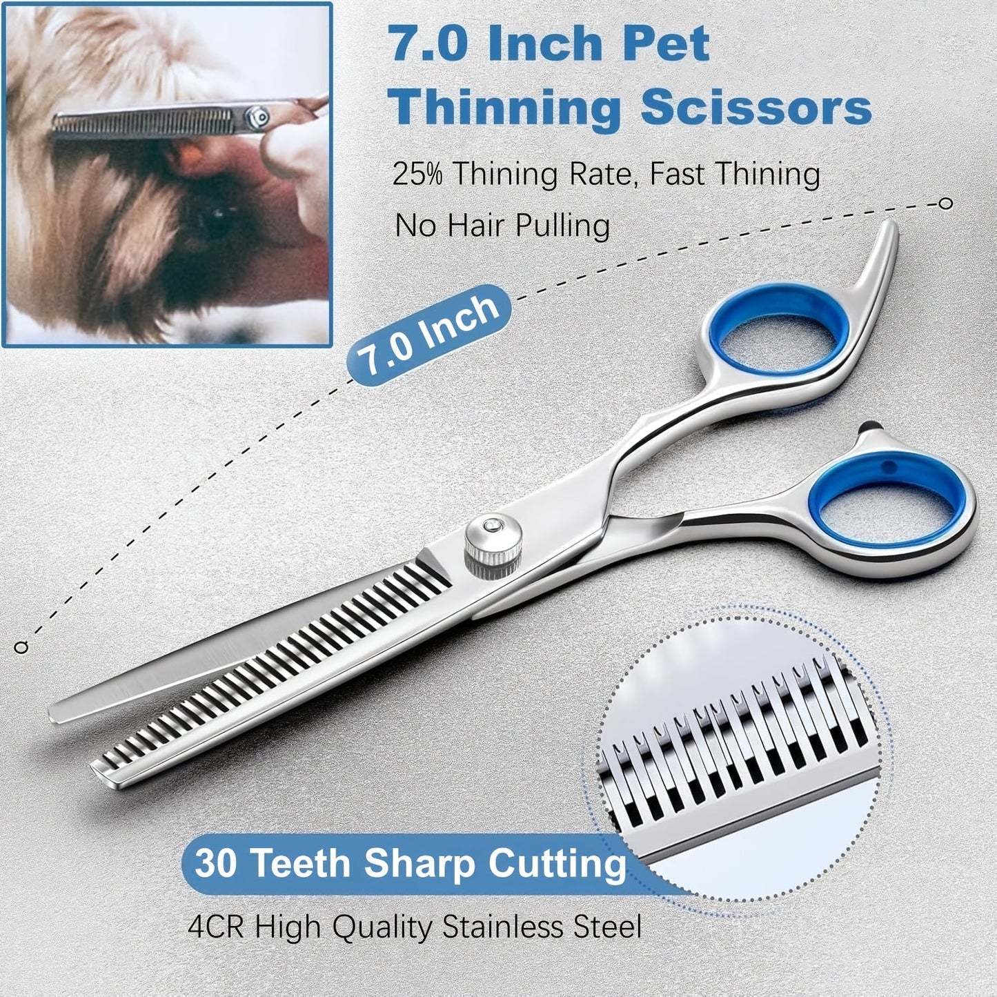 Pet Grooming Scissors Set, Seven-Piece 4CR Stainless Steel Kit with Straight, Curved and Thinning Shears