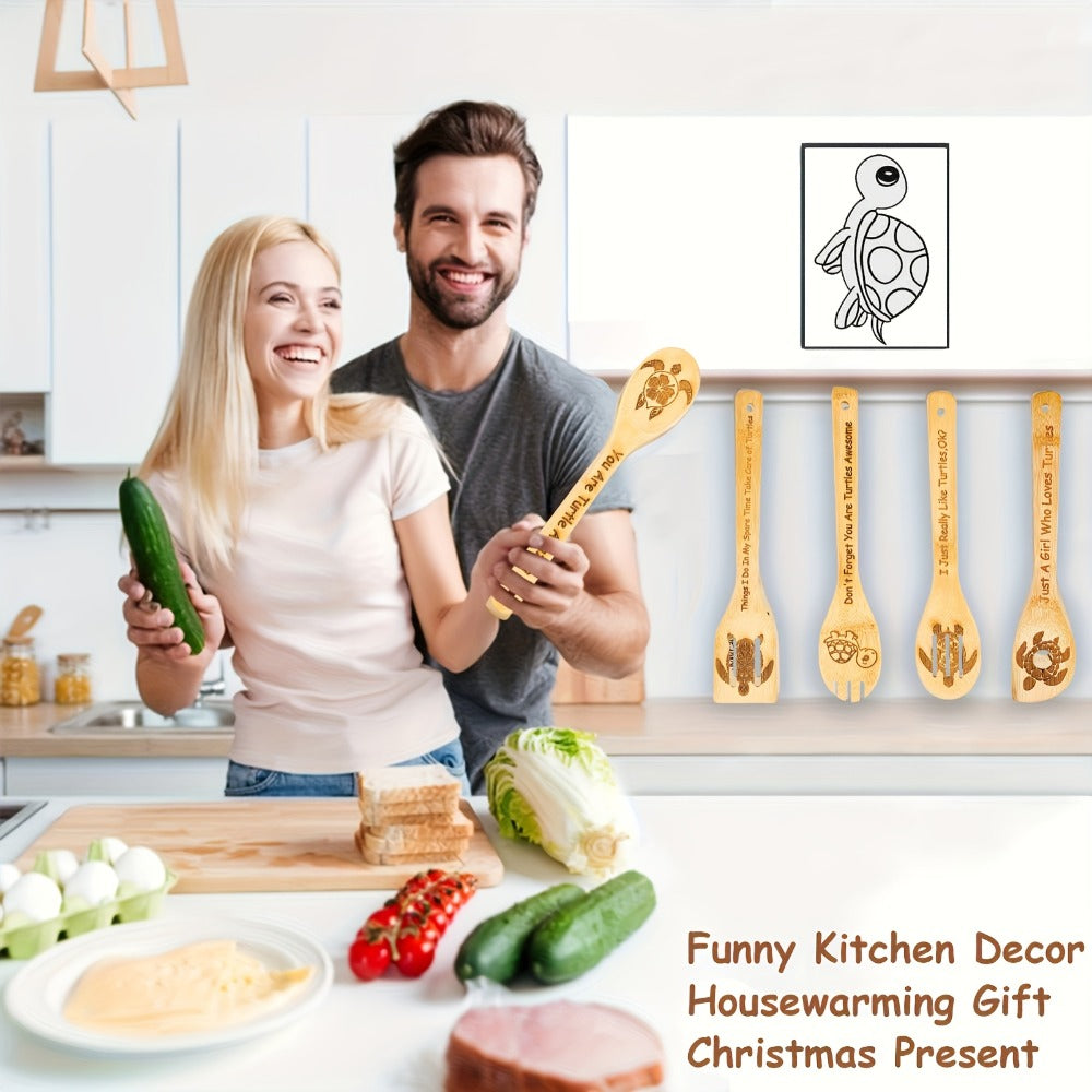Kitchen Utensils Five-Piece Bamboo Spoon and Spatula Set with Engraved Turtle Designs for Cooking