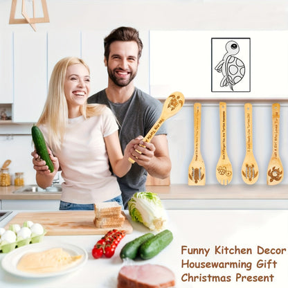 Kitchen Utensils Five-Piece Bamboo Spoon and Spatula Set with Engraved Turtle Designs for Cooking
