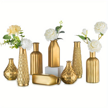 Gold-Tone Glass Bud Vases, Four- or Eight-Piece Mixed Art Deco Bottle Set for Tables and Centerpieces