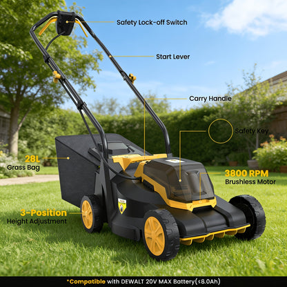 Brushless Cordless Lawn Mower 20V Compatible with Dewalt 20V MAX Battery 14-Inch 700W Pure Copper Motor 3-Level Height Adjustment 7.4-Gallon Grass Catcher Foldable Lightweight Push Mower Tool Only