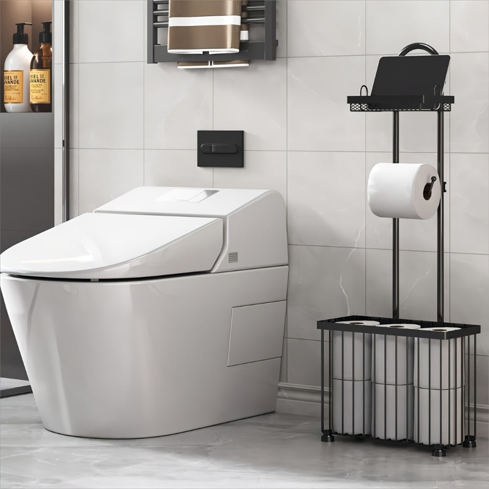 Freestanding Toilet Paper Holder with Rectangular Six-Roll Storage Basket, Upper Shelf and Pack Options