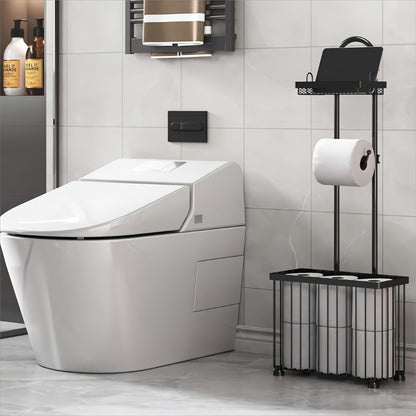 Freestanding Toilet Paper Holder with Rectangular Six-Roll Storage Basket, Upper Shelf and Pack Options
