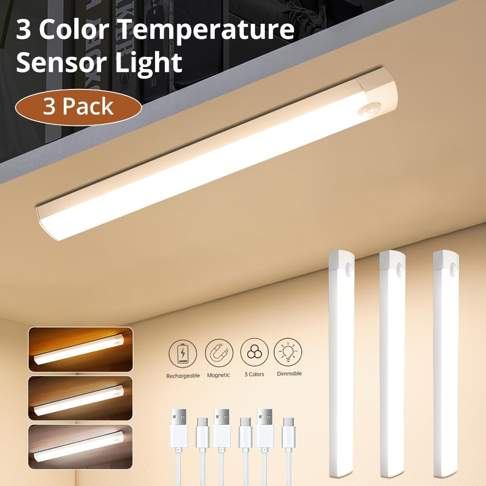 Motion Sensor Cabinet Light 3-Pack – 3-Color Temperature Dimmable Under Counter Closet Light, Wireless Magnetic USB Rechargeable for Kitchen, Wardrobe, Stairs, Hallway & Vanity (11cm / 20cm / 40cm)