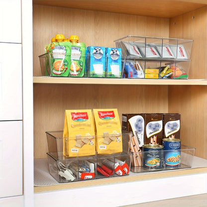 Six-Piece Clear Pantry Organizer Bin Set with Removable Dividers for Cabinets, Fridges and Shelves