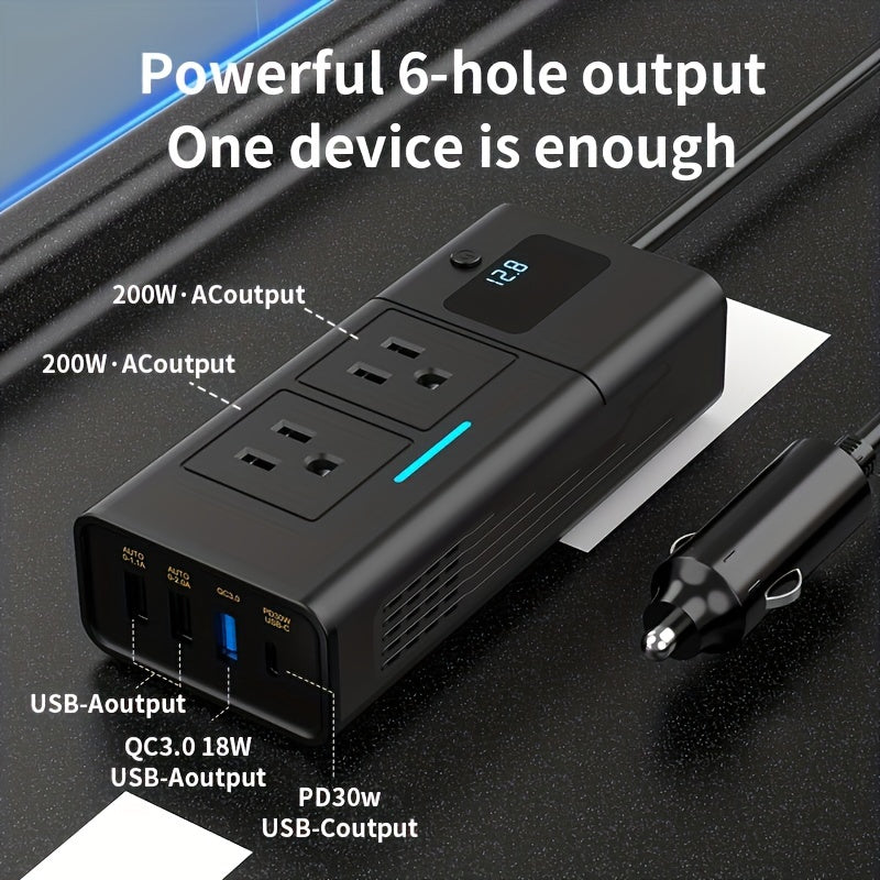 Black 200W Elongated Car Power Inverter Hub with Multiple 110V AC Outlets, USB Ports and Display
