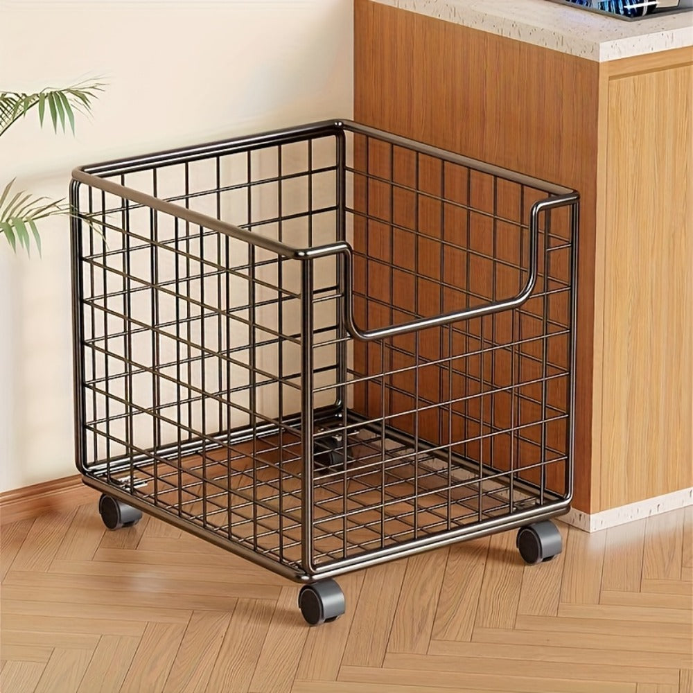 Rolling Metal Storage Basket with Wheels – Multifunctional Wire Organizer Cart for Laundry Room, Bathroom, Kitchen & Closet, Open Shelf Bin, No Lid, Home Organization Storage Basket