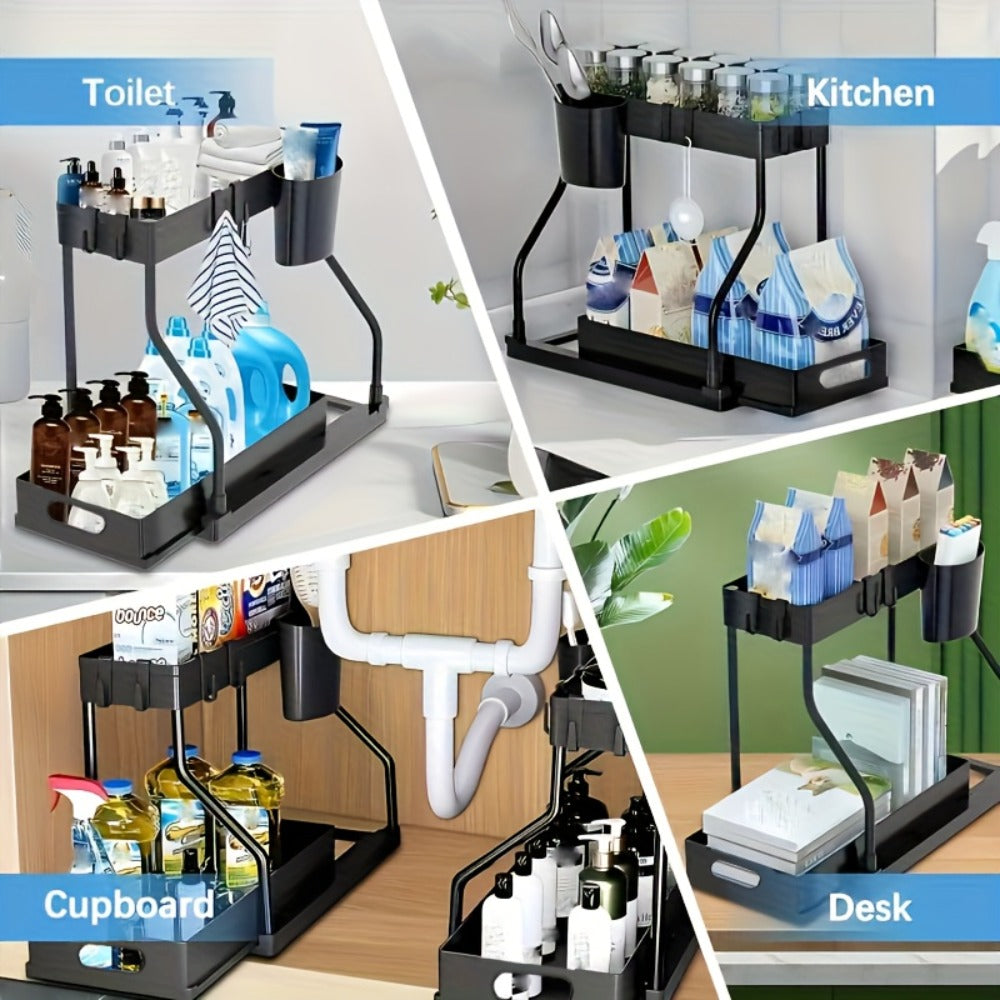 Under Sink Storage Organizer 2-Piece Sliding Shelf Set in Black or White for Kitchen and Bathroom