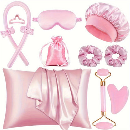Twelve-Piece Heatless Curling Set with Satin Bonnet, Eye Mask, Hairband and Bag in Three Colors
