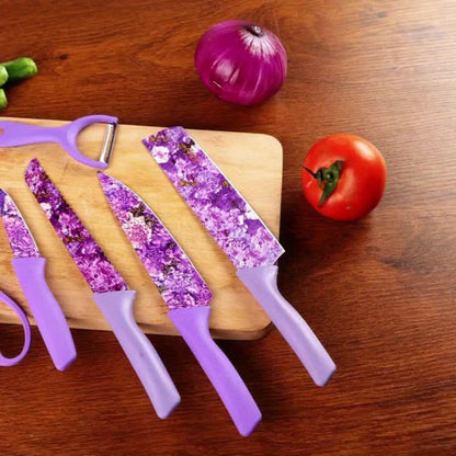 Kitchen Knife Set 6 Piece with Floral Pattern, High Carbon Stainless Steel Chef Knife Set with Ergonomic Handle, Sharp Meat Cleaver Bread Knife Scissors Peeler, Colorful Cooking Knife Gift Set for Women Men