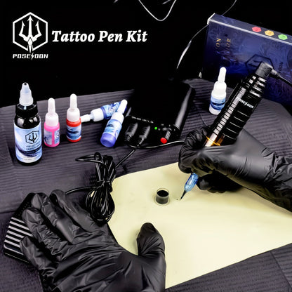 POSEIDON BT18-XH Tattoo Kit with Rotary Pen, Wired Power Supply, Foot Pedal, 10 Cartridges and 6 Inks