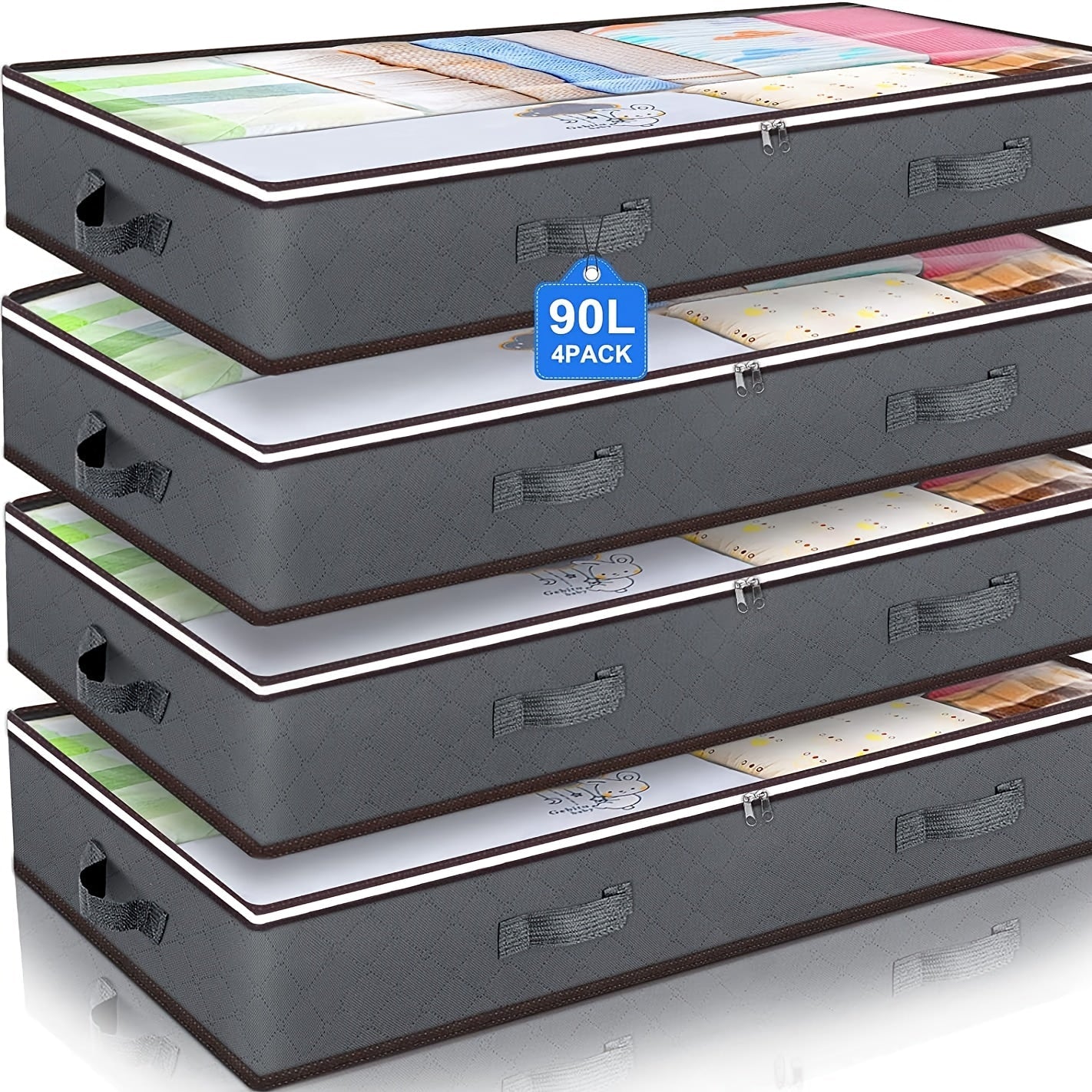 Collapsible Under-Bed Storage Bin Sets in 4- or 8-Piece Gray or Black Options with Zippered Lids