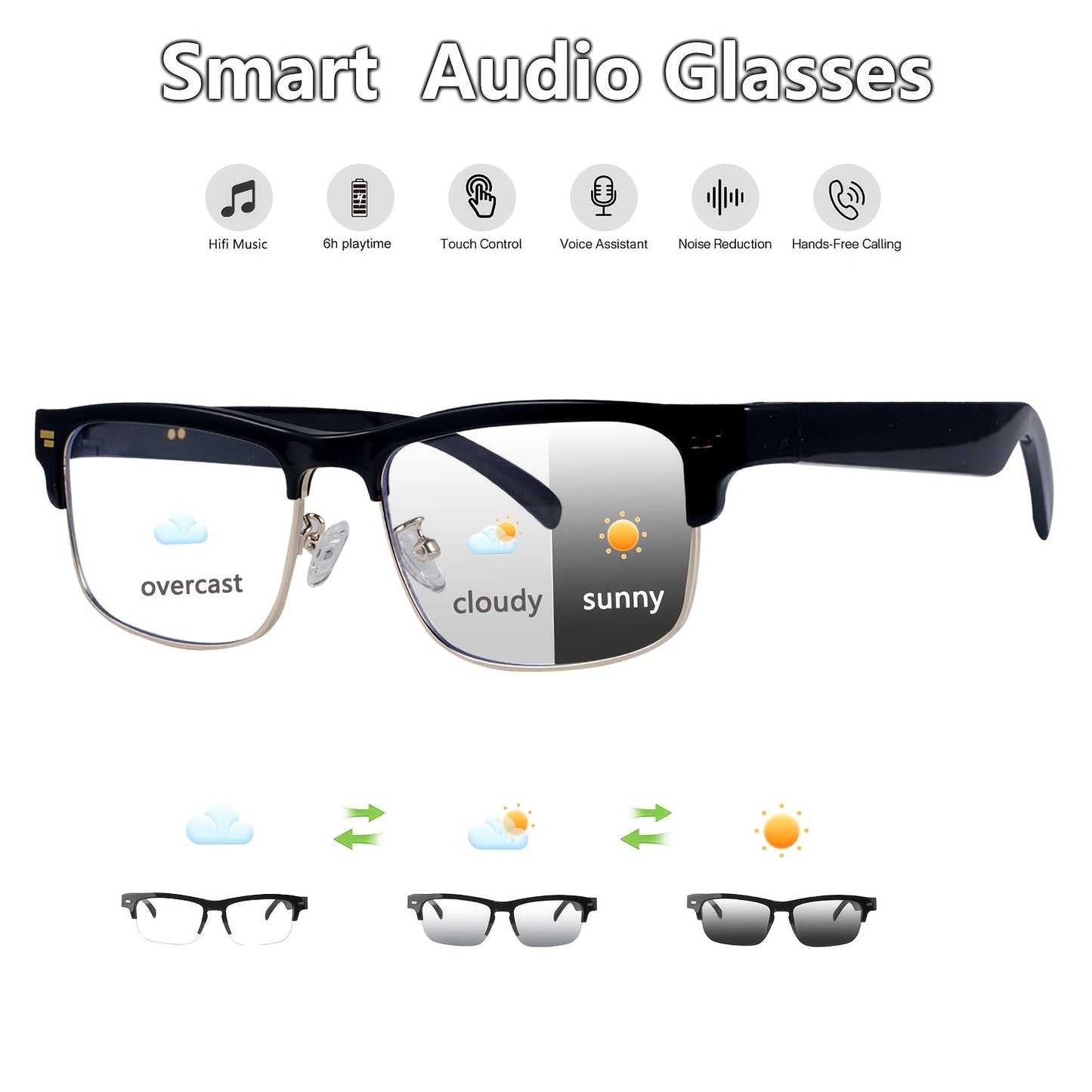 Photochromic Smart Audio Glasses – Auto-Tinting Sunglasses with Built-in Speaker & Mic, HD Voice Calls, Hi-Fi Music, Anti-Blue Light – for Sports, Driving & Daily Wear