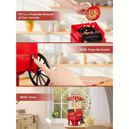 Carnival Cart Hot Air Popcorn Maker in Red with Single On-Off Switch and Compact Countertop Design