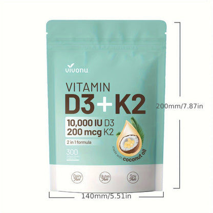 Vitamin D3 K2 Softgels with Coconut Oil – 2-in-1 Premium Bone, Heart & Immune Support Formula for Women & Men | Easy-to-Swallow | 300 Softgels per Pack