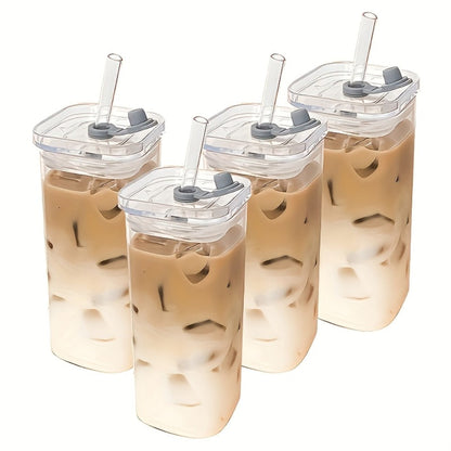 Square Glass Cups with Lids and Straws Set - 13oz BPA-Free Coffee Drinking Glasses for Home Office Outdoor