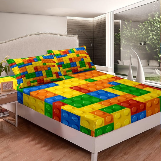 Game Themed Bed Sheet Set 3/4pcs, Colorful Building Block Design Bedding for Twin Full Queen King, Fitted Sheet Flat Sheet Pillowcase for Kids Adults Men Women Bedroom