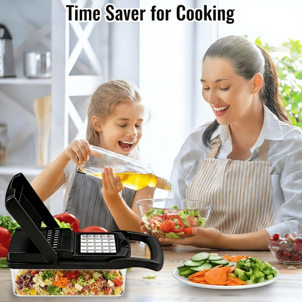 18-in-1 Vegetable Chopper and Mandoline Slicer with Clear Container, Eight Metal Blade Inserts and Hand Guard