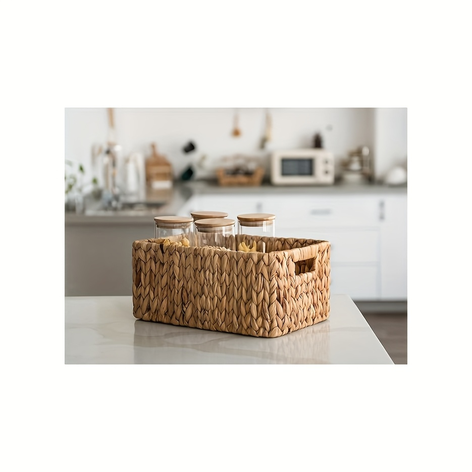 Seagrass & Water Hyacinth Storage Basket with Built-in Handles - Hand-Woven Square Wicker Bins for Bedroom Bathroom Pantry Shelves, Multiple Styles
