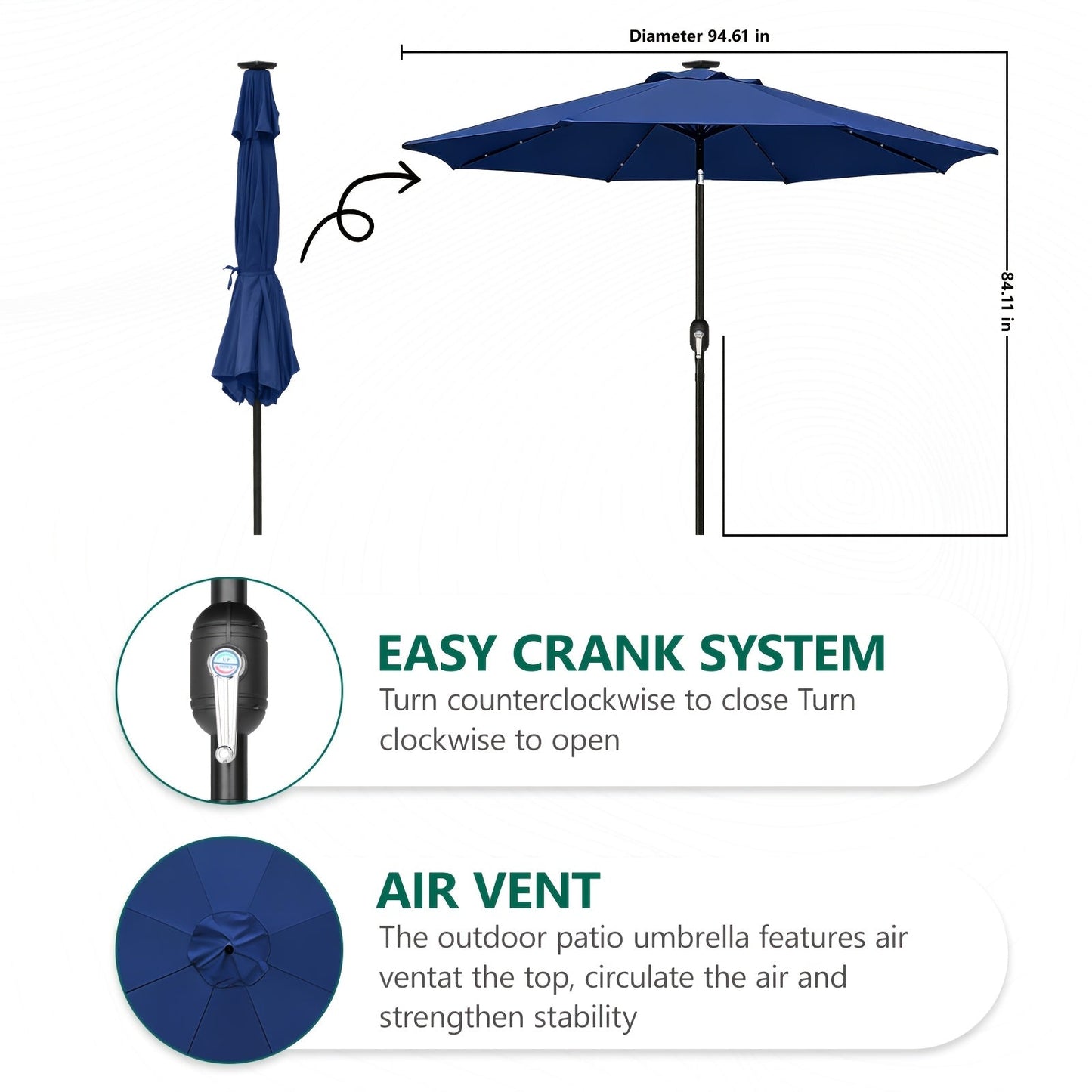 Patio Umbrella 9FT Solar LED Center-Pole Style in Sky Blue, Deep Blue or Khaki for Outdoor Shade