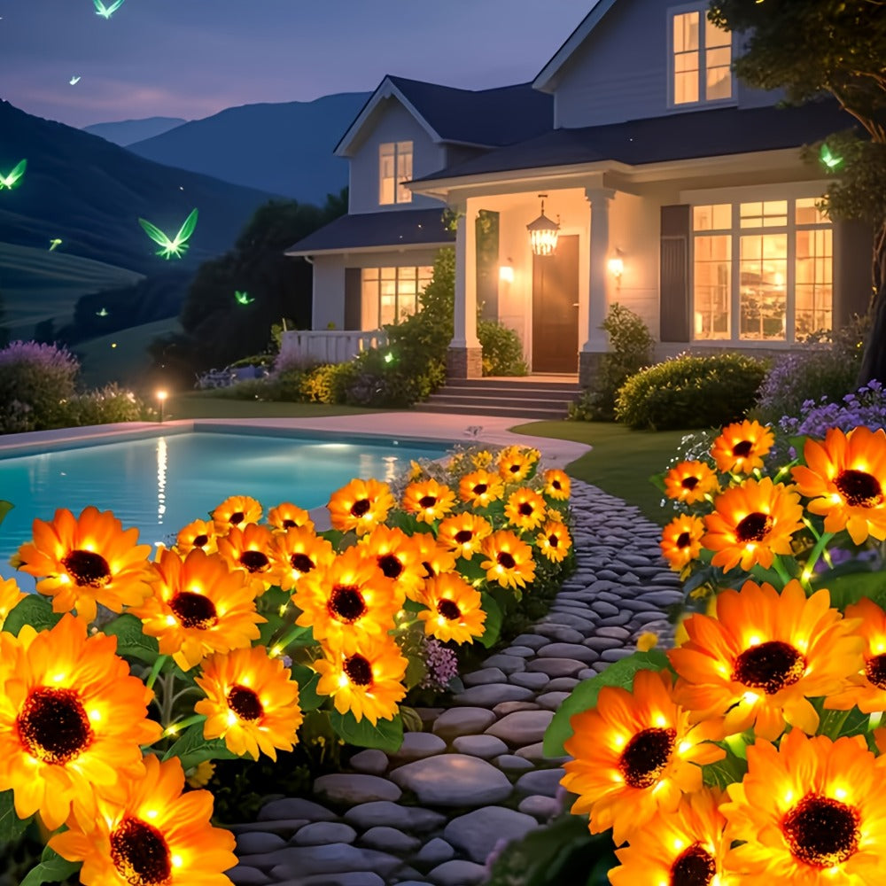 Solar Garden Lights 2-Pack Sunflower Stakes with 6 LED Blooms, IP65 and 75cm Height for Path Decor