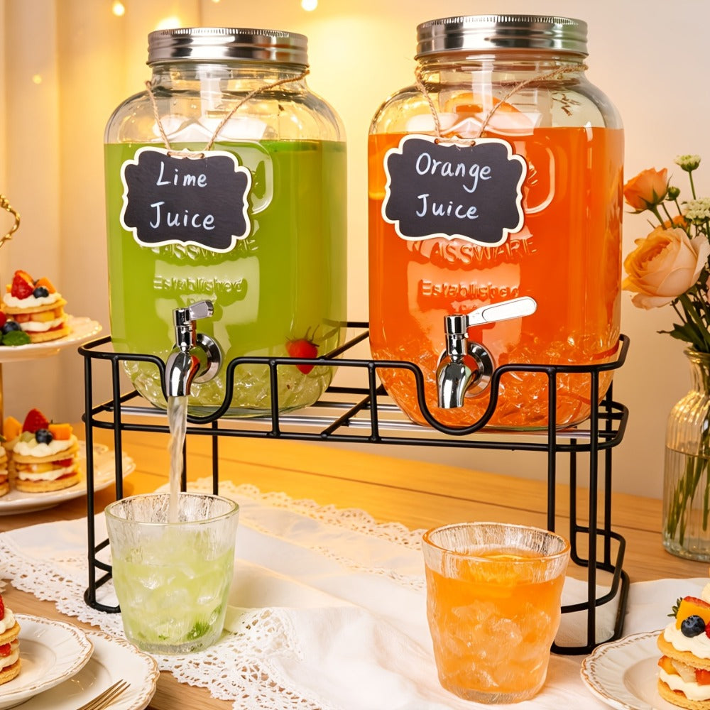 Two 1-Gallon Glass Beverage Dispensers with Spigots and Raised Metal Stand for Parties and Events