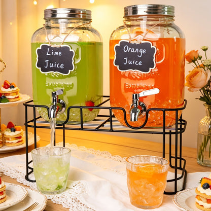 Two 1-Gallon Glass Beverage Dispensers with Spigots and Raised Metal Stand for Parties and Events