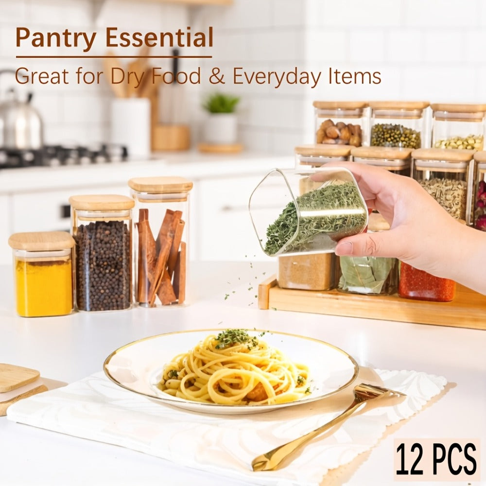 Twelve-Piece Square Glass Spice Jar Set with Bamboo-Style Lids, Labels and 7-Ounce Capacity
