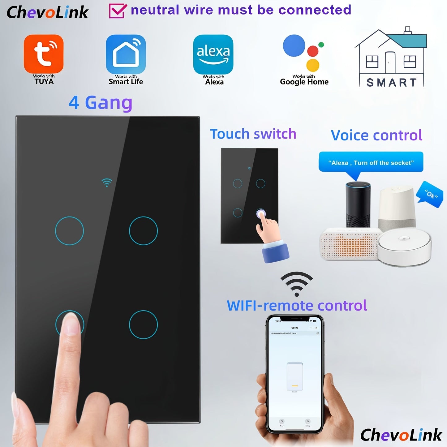 Black Glass WiFi Touch Wall Switch with One-, Two-, Three- or Four-Gang US-Style Options and Neutral-Wire Wiring