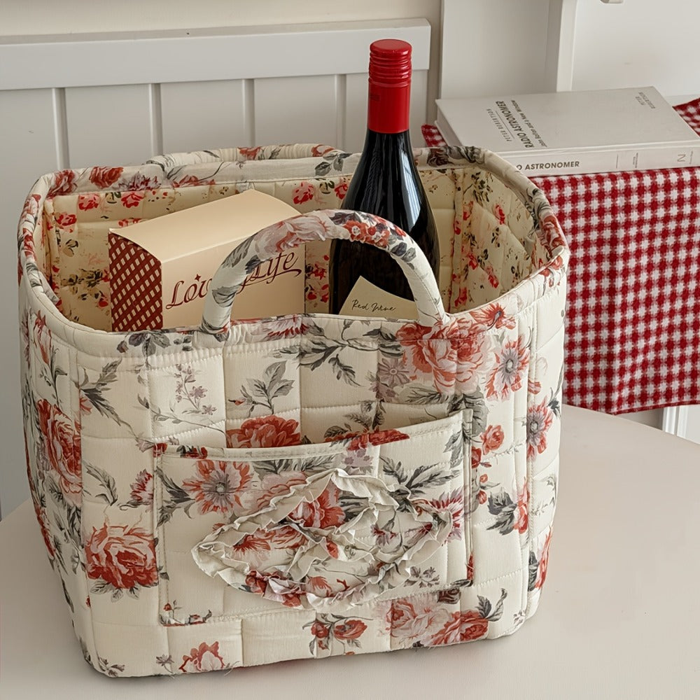 Quilted Floral Carry Storage Basket, Approximately 32 x 26 x 25cm with Two Padded Handles and Seven Patterns