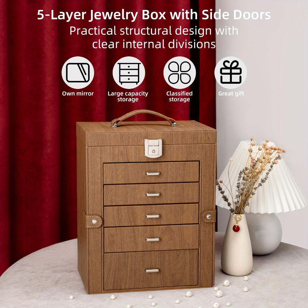 Jewelry Box 6 Tier with 5 Drawers Mirror & Lock | Large Jewelry Organizer Storage Case Gift for Women