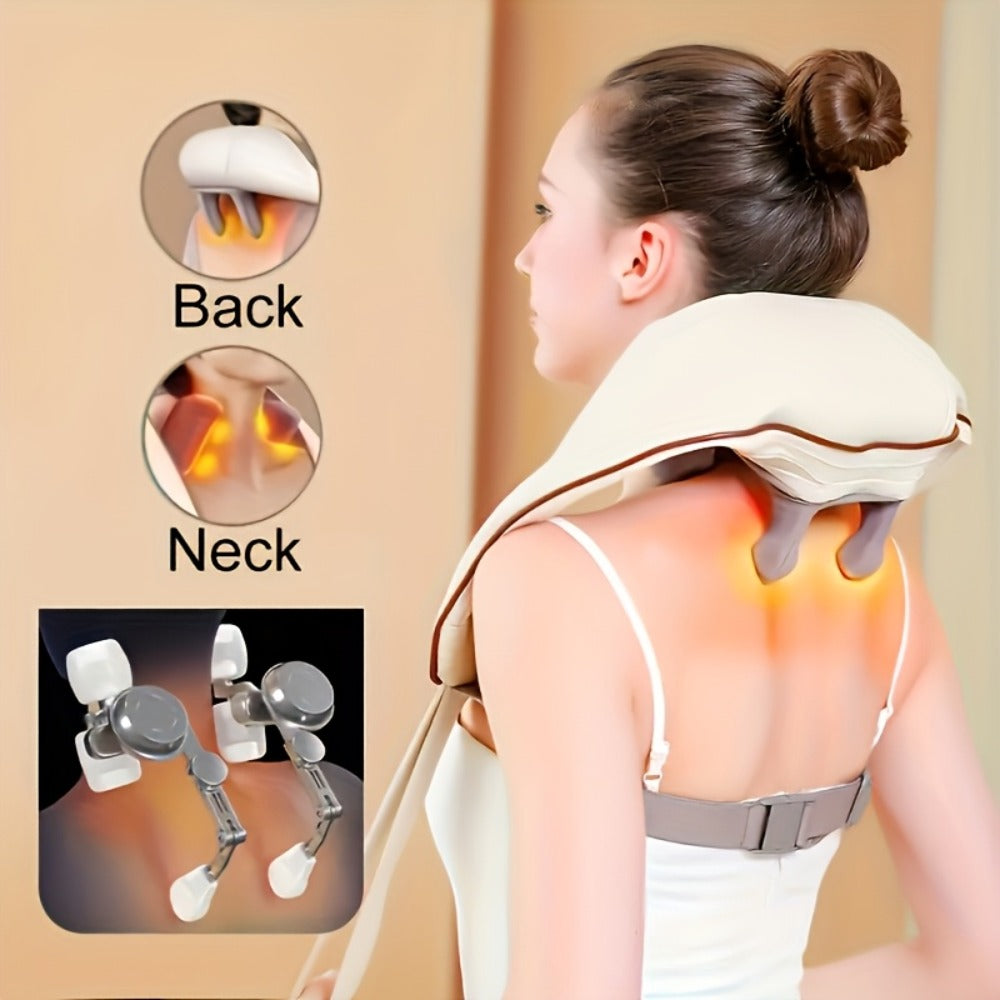 6-Node Wireless Neck and Shoulder Massager with Heat, Hands-Free Straps and Beige or White Color Options