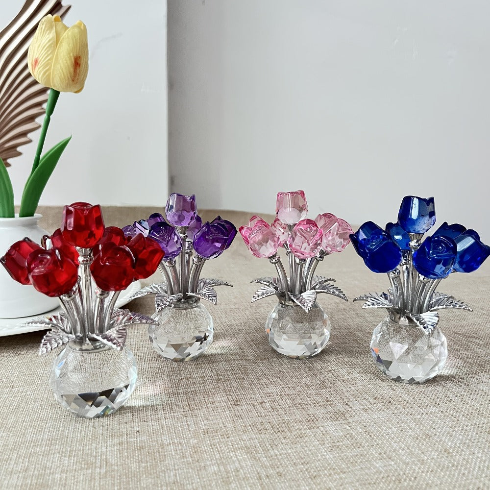 Glass Rose Floral Sculpture in Blue or Purple with Five Faceted Blooms and Silver-Tone Leaves for Display