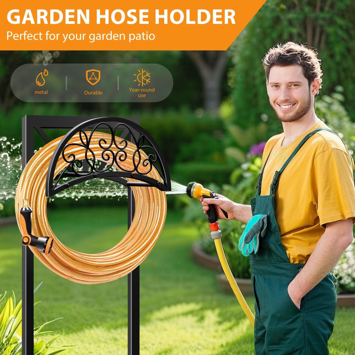 Freestanding Black Garden Hose Holder with Six Decorative Single-Leg or Double-Leg Rack Styles