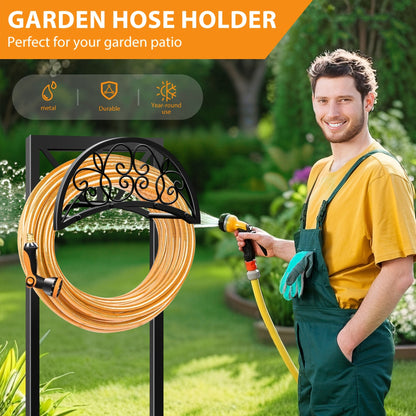 Freestanding Black Garden Hose Holder with Six Decorative Single-Leg or Double-Leg Rack Styles