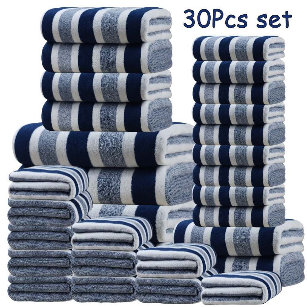 Thirty-Piece Striped Bath Towel Set with Bath, Hand and Washcloth Sizes in Ten Color Checkouts