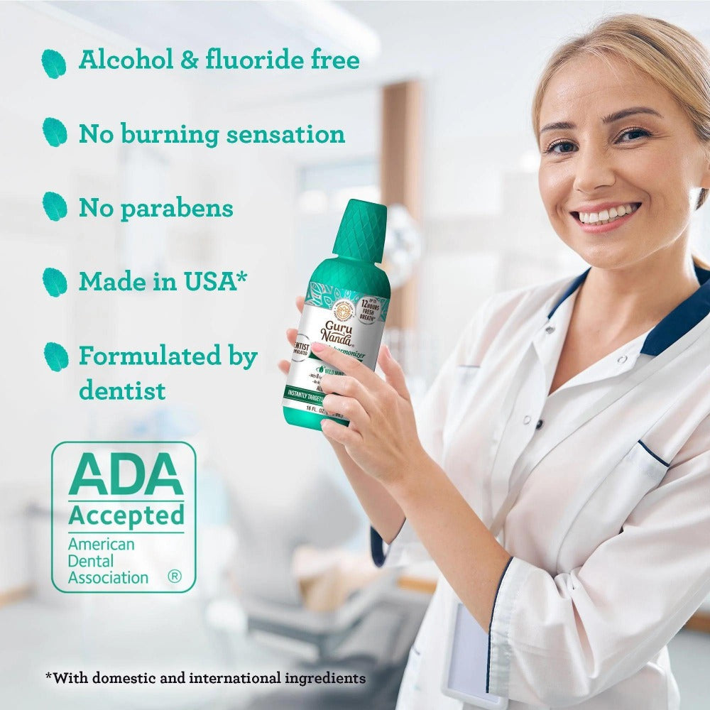 GuruNanda Alcohol Free Mouthwash 2 Pack 16 oz Each Fluoride Free Oral Rinse with 8 Essential Oils Sodium Chlorite Vitamins D3 E K2 ADA Accepted Wild Mint 24 Hour Fresh Breath for Adults