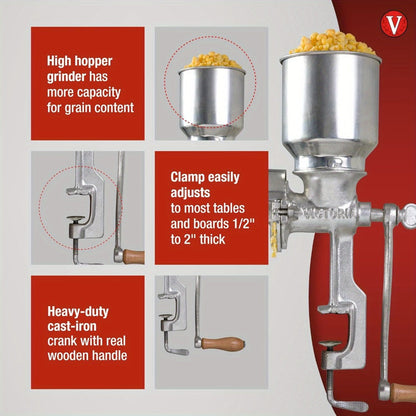 Manual Grain Grinder Mill - Cast Iron Hand Crank Grain Mill with High Hopper, Adjustable Coarse Fine Grinding, Table Clamp Mount, for Corn Wheat Barley Coffee Spices Nuts - Home Brewing & Kitchen Use
