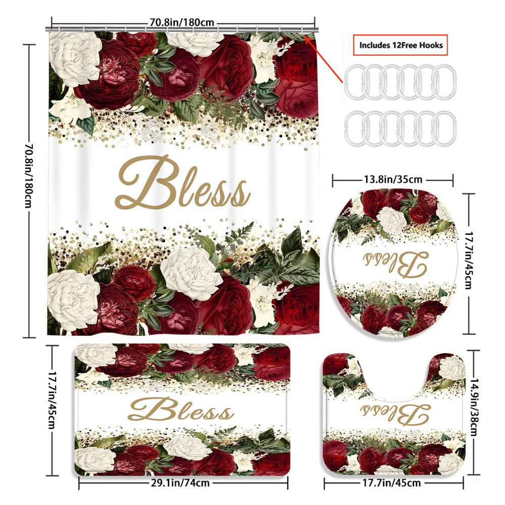 Four-Piece Rose and Bless Shower Curtain Set with Coordinated Mats, Lid Cover and Twelve White Hooks