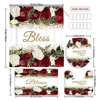 Four-Piece Rose and Bless Shower Curtain Set with Coordinated Mats, Lid Cover and Twelve White Hooks