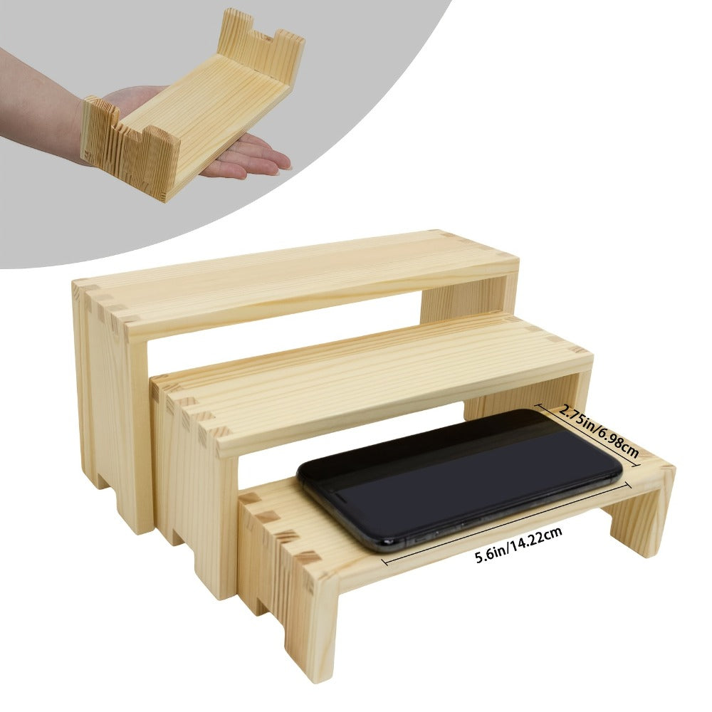 Three-Piece Nesting Tabletop Display Shelf Set in Burning Color or Wood Color Stepped Sizes