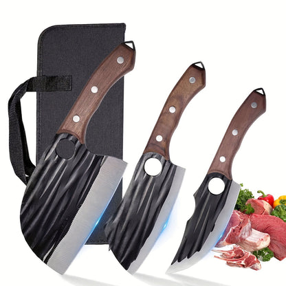 Three-Piece Butcher Knife Set with Dark Patterned Cleaver Blades, Riveted Wood-Look Handles and Carrying Case