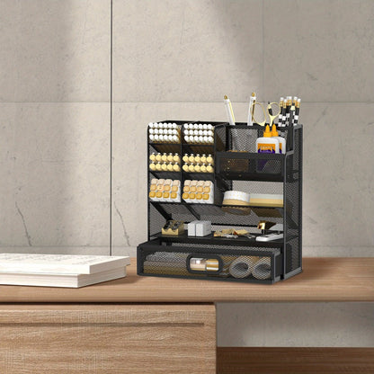 Mesh Desk Organizer with Pull-Out Drawer, Tiered Compartments and Six Color Checkout Options